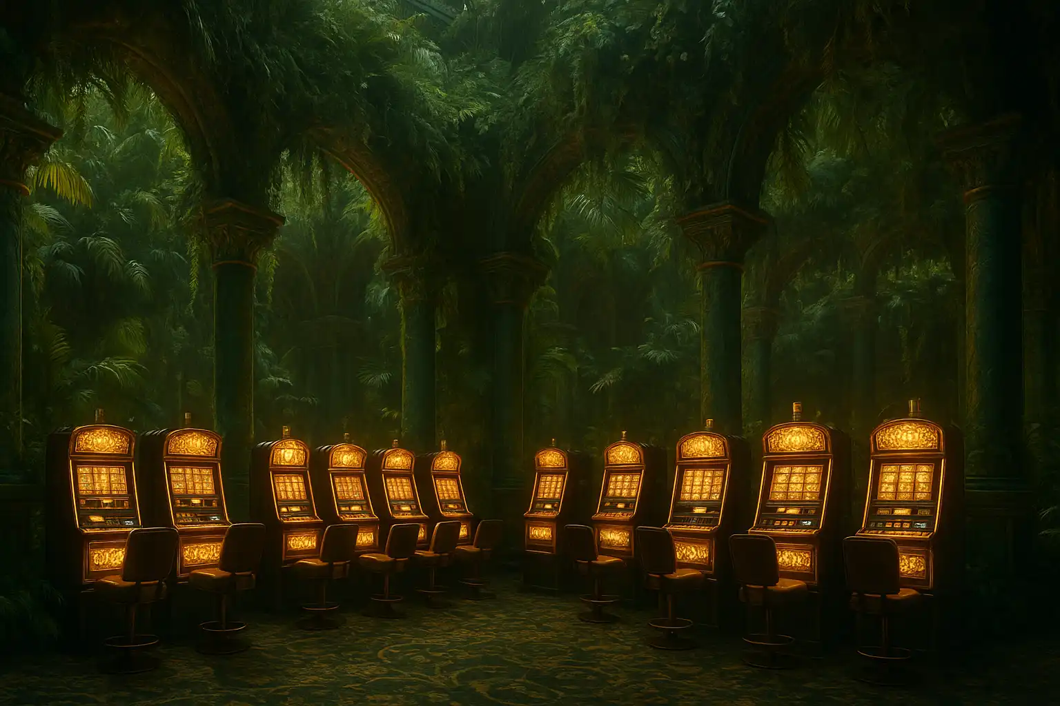 Torch-lit jungle palace casino hall with carved stone columns and emerald slot machines