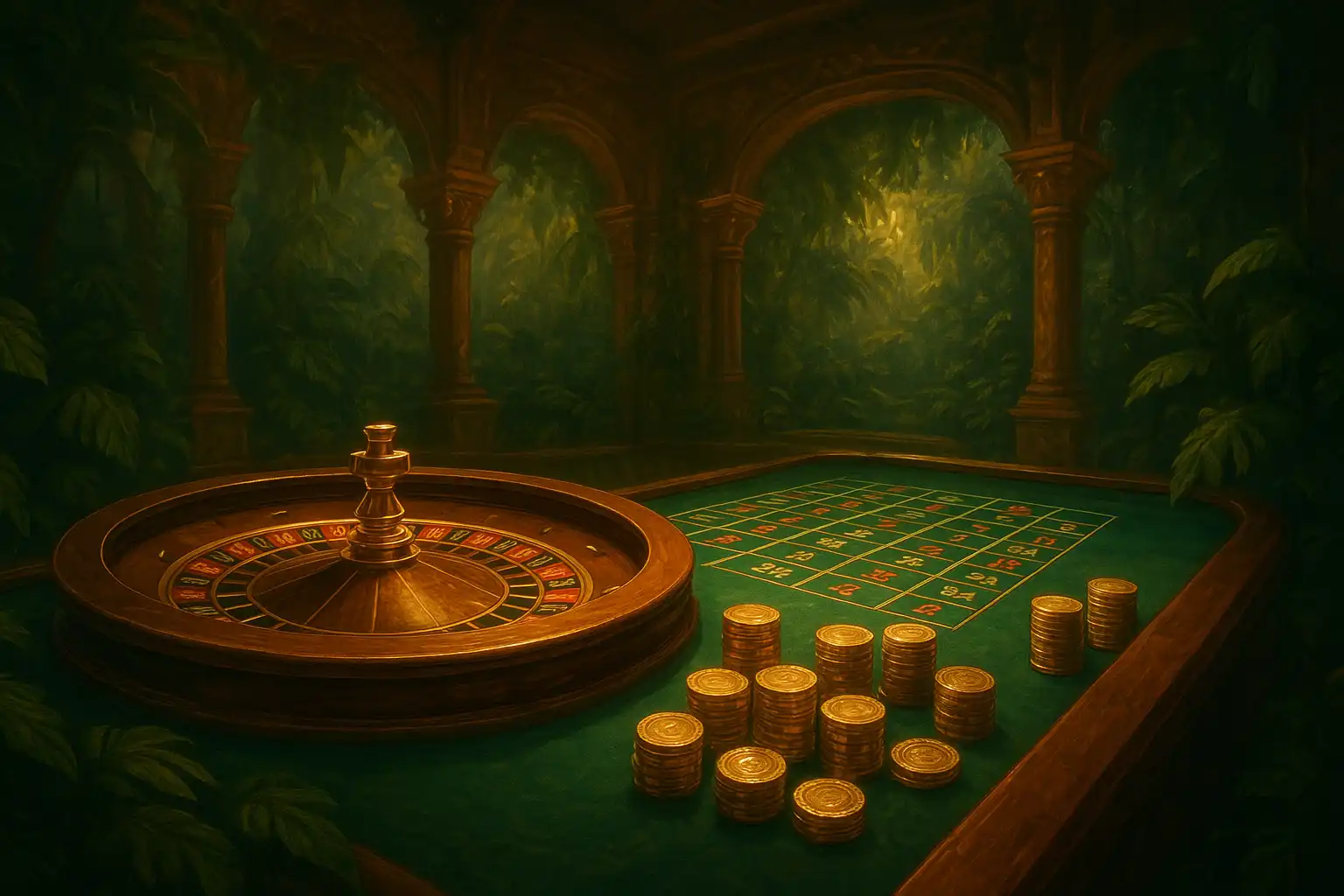 Emerald roulette table inside the jungle palace with a spinning wheel and golden chips