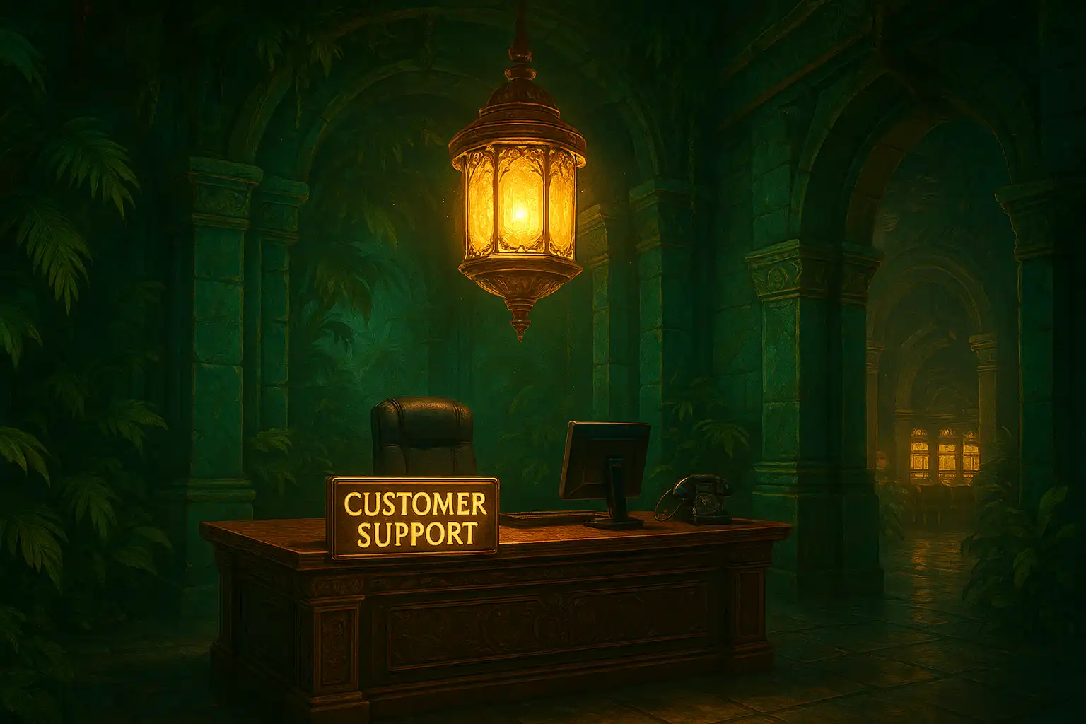 Support desk illustration inside the jungle palace with a glowing help lantern
