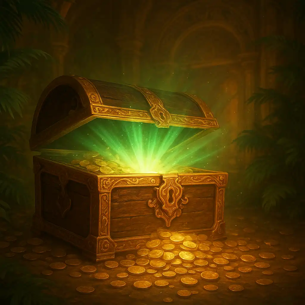 Illustration of a bonus chest opening with emerald light and coins