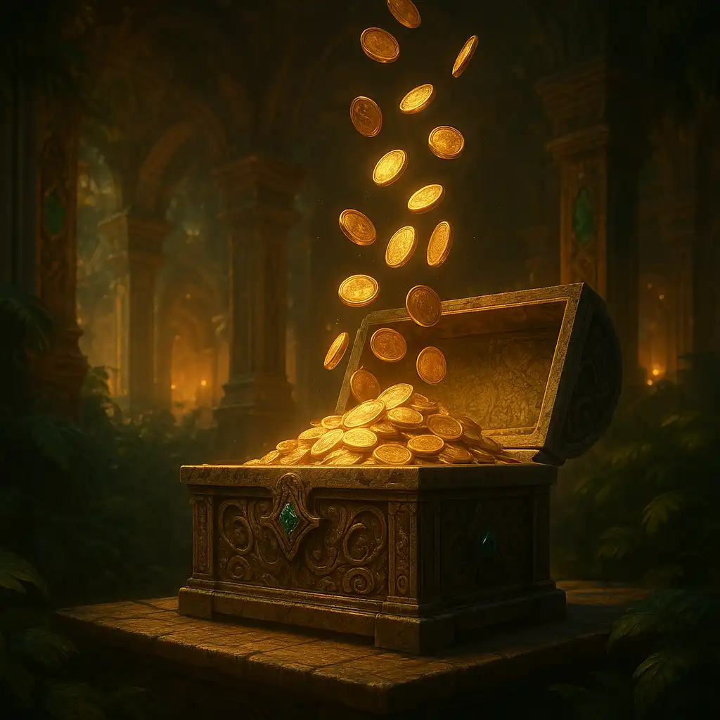 Illustration of golden coins dropping into a stone vault chest