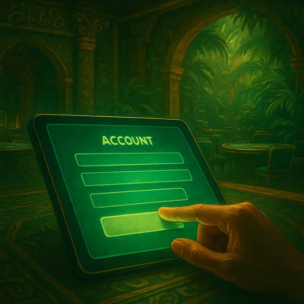 Illustration of a player registering an account on a glowing tablet